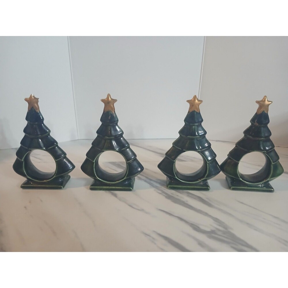 Vintage Green Ceramic Christmas Tree Napkin Holders-Set of 4
